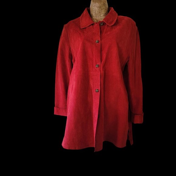 Vintage Red Suede/Leather Button-Front Women's Coat With Folded Collar & Cuffs - Picture 4 of 16